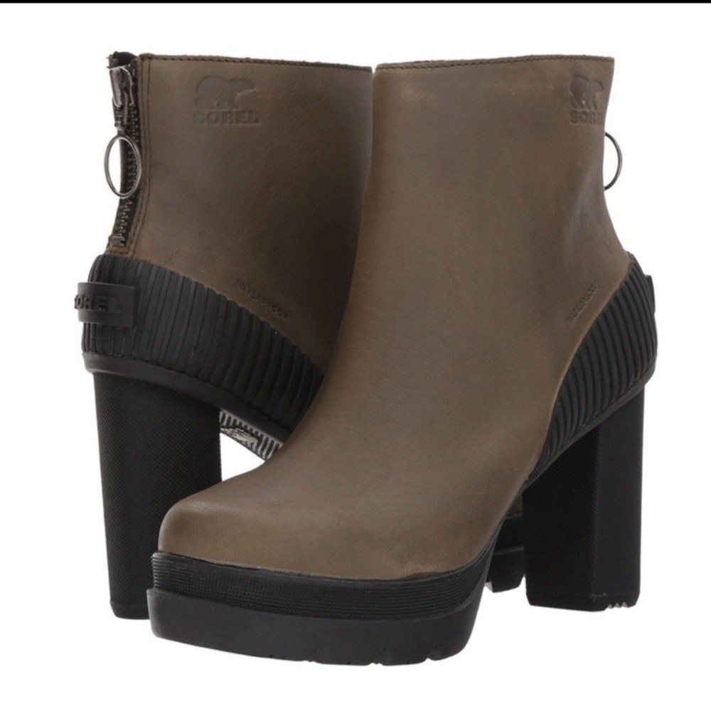 Sorel Dacie Waterproof Olive Green Chunky Platform Heeled Combat Boots